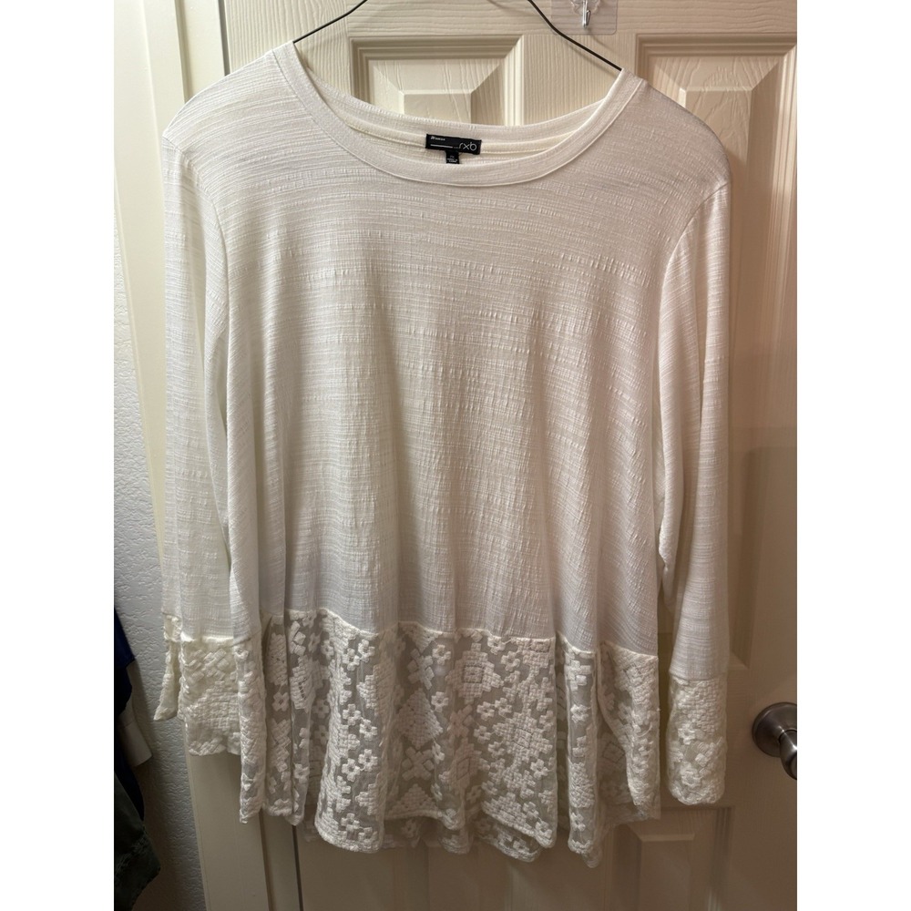 Rxb Womens White Long Sleeve Lace Trim Textured Knit Sweater Top Plus Size 2X